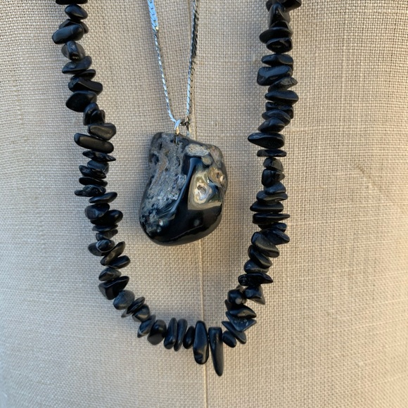 Pair Black Charcoal Gray Natural Stone Necklaces - Picture 1 of 9